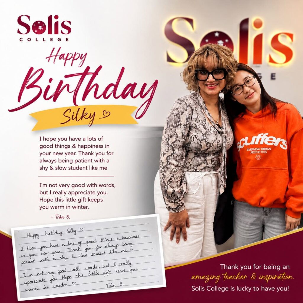 A student's handwritten birthday card for Silky, Solis College CEO and trainer